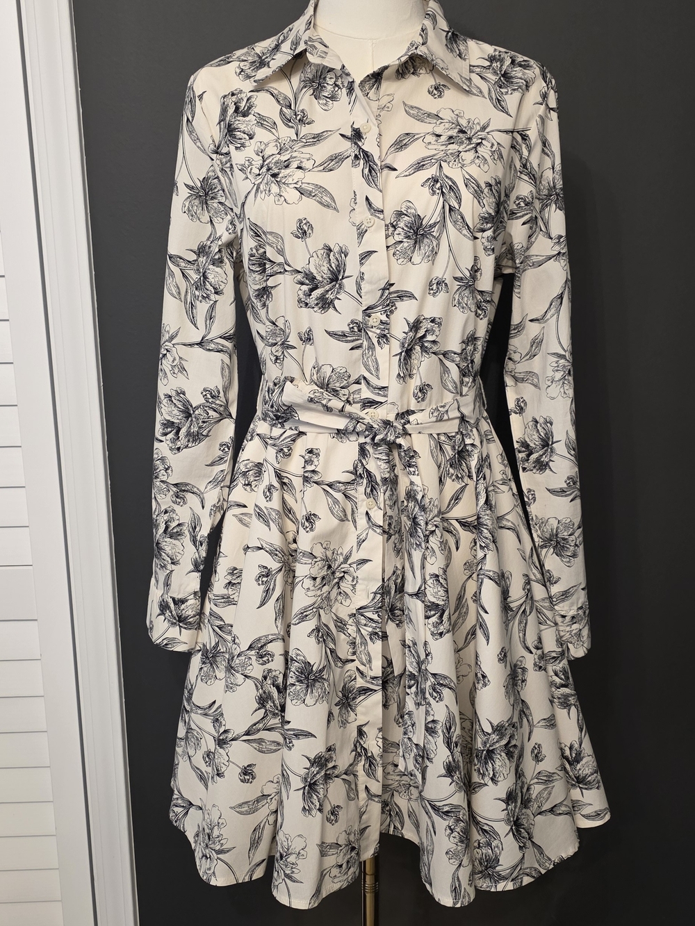 Floral Print Tie-Waist Shirt Dress - Cream and Black